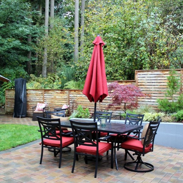 As one steps onto the landing from the house, this view of the various outdoor spaces beckons the viewer to come out and relax in the ‘Soak, Sip and Dine’ landscape.