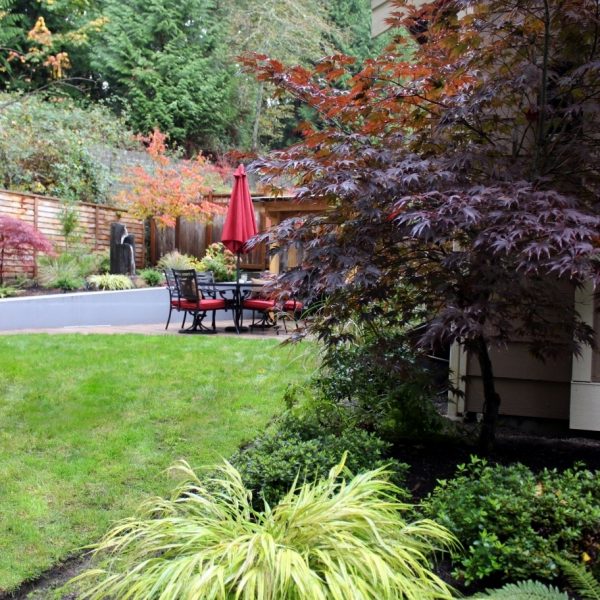 View of the garden and the dining area from the path leading from front entry.